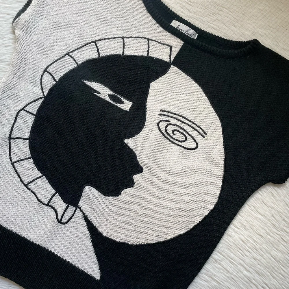 Vintage Jaymee Papell abstract two face moon acrylic black and white sweater top - Picture 6 of 14